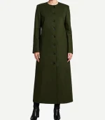 Olive Green Long Wool Coat featuring a structured full-length silhouette and a deep forest-inspired earth tone finish.
