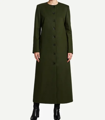 Olive Green Long Wool Coat featuring a structured full-length silhouette and a deep forest-inspired earth tone finish.