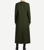 Olive Green Long Wool Coat showing a front view with sharp notch lapels and high-quality tonal buttons for a clean look.