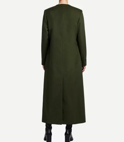 Olive Green Long Wool Coat showing a front view with sharp notch lapels and high-quality tonal buttons for a clean look.