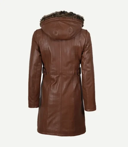 Back view of the cognac leather coat showing the removable fur-lined hood, tailored waist seam, and decorative button-tab details on the sides.