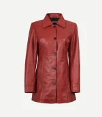 Womens Red Leather Car Coat in a vibrant crimson finish with a sleek mid-length silhouette and a classic button front.