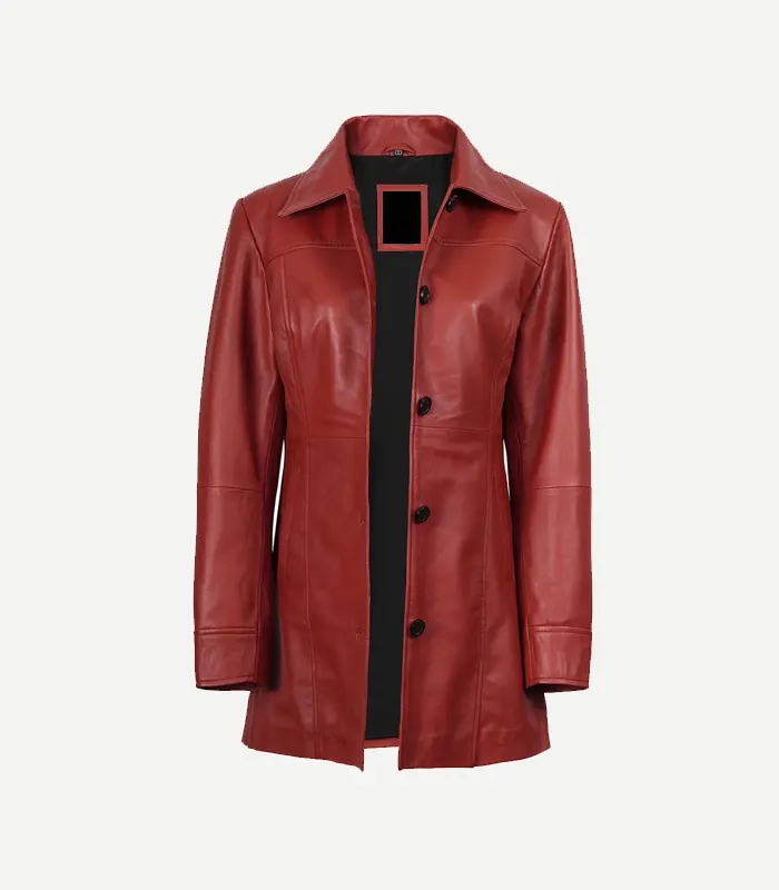 Womens Red Leather Car Coat Womens Red Leather Car Coat showing a front view with a structured spread collar and high-quality tonal stitching.