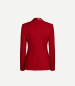 The rear view of the red velvet blazer with a shawl collar, showcasing a clean, tailored silhouette with a central seam and a single vent. The shawl collar is rendered in a matching red satin.