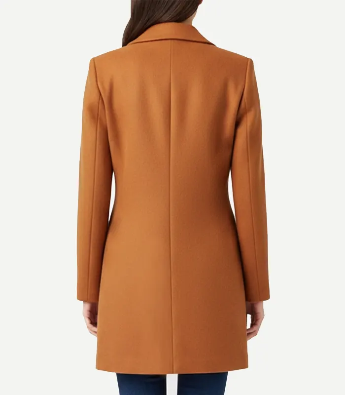 Womens Mid Length Rust Wool Coat in a vibrant burnt orange hue featuring a streamlined silhouette and soft-touch finish.