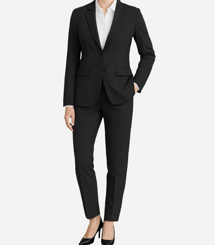 Womens Black Suit styled as a contemporary two-piece set with a minimalist aesthetic and a high-end polished texture.