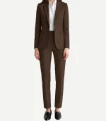 Womens Dark Brown Suit featuring a minimalist two-button design and a high-quality textured finish for a luxury feel.