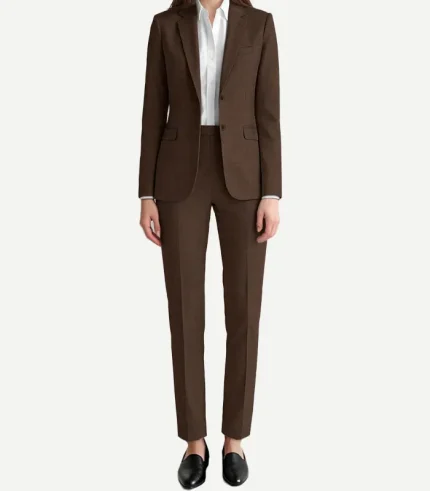 Womens Dark Brown Suit featuring a minimalist two-button design and a high-quality textured finish for a luxury feel.