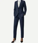 Womens Royal Blue Suit featuring a vibrant two-piece design with a tailored single-breasted blazer and matching trousers.