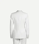 The back view of a women’s white tuxedo jacket and trousers. The jacket shows a clean, tailored fit with a central seam and four decorative buttons on each sleeve cuff.