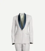 A studio shot of a white women’s tuxedo jacket and matching trousers against a plain white background. The jacket features a single-button closure and a contrasting navy blue satin shawl lapel. It has two flapped hip pockets and a slim, tailored fit.