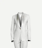 A front-facing studio shot of a women’s white velvet tuxedo jacket and the top portion of matching trousers. The jacket highlights a smooth, contrasting satin shawl lapel, a single decorative gold button, and structured shoulders. The background is a clean, off-white gradient.