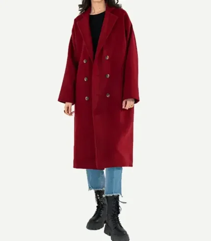 A model wearing a Womens Wine Red Wool Long Coat with a matching belt and large side pockets.