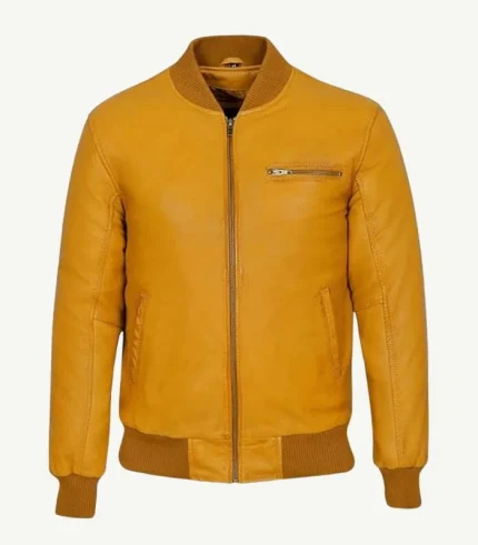 Yellow Leather Bomber Jacket featuring a vibrant mustard finish and a premium tailored silhouette for a high-status look.