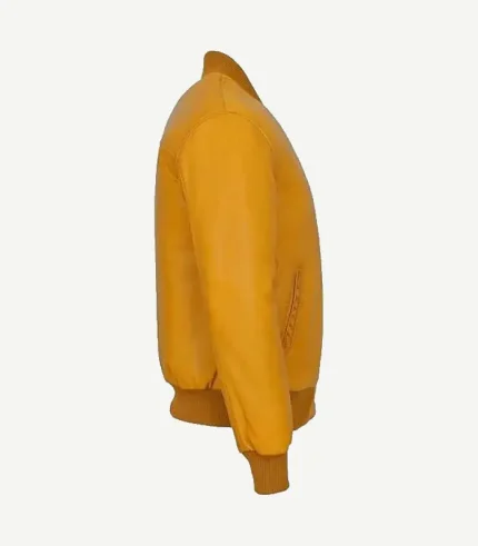 Yellow Leather Bomber Jacket for women featuring a sleek feminine fit and a brilliant canary yellow colorway.