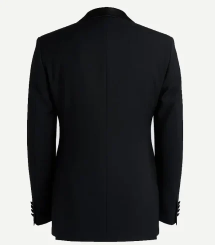 Rear view of a black dinner jacket showing a clean, structured silhouette with a central seam, smooth shoulders, and four-button detailing on the sleeve cuffs.