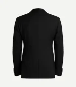Back of a black slim-fit tuxedo jacket showing a structured, tailored waist and a clean single-vent design. Finished with four buttons on each sleeve cuff.