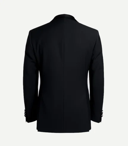 The rear displays a sharp, streamlined cut with a single vent and four fabric-covered buttons on the sleeve cuffs.