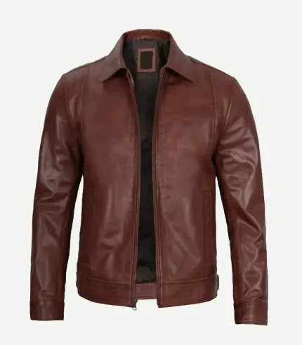 A women's brown leather jacket featuring a classic shirt-style collar, vertical paneling, and a metallic front zipper.