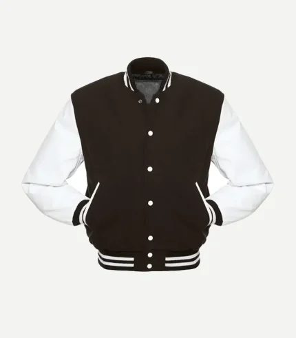A straight-on front view of a men's varsity jacket featuring a dark brown wool body and contrasting white leather sleeves. The jacket has white snap-button fasteners down the center and two front pockets with white leather welts. The collar, cuffs, and hem are made of ribbed brown fabric with two white horizontal stripes.