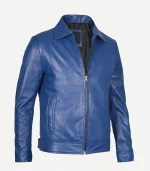 Side-angled view of a dark blue leather jacket with a visible black quilted lining, highlighting the cuff details and vertical side pockets.