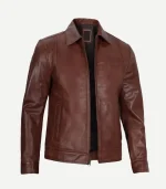 Front-facing view of a dark brown leather jacket with an open collar and subtle texture, designed for a slim-fit silhouette.