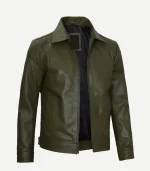 An angled front view of a men’s dark green leather jacket, partially open to show the dark lining and vertical pocket stitching.