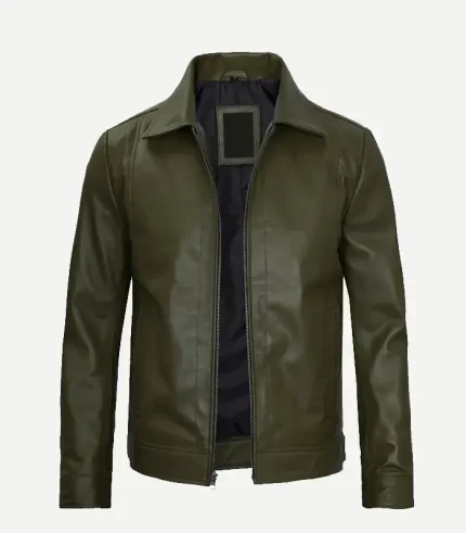 Front view of a dark green, olive-toned leather jacket with an open silver zipper, black interior lining, and a wide, classic pointed collar.