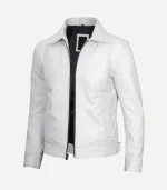Three-quarter view of a white leather jacket showing vertical seam details, side welt pockets, and a contrasting black interior lining.
