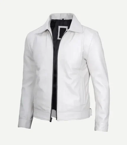 Three-quarter view of a white leather jacket showing vertical seam details, side welt pockets, and a contrasting black interior lining.