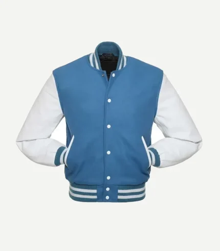 Front view of a light blue and white varsity jacket featuring a wool body, white leather sleeves, snap buttons, and striped ribbed collar, cuffs, and hem.