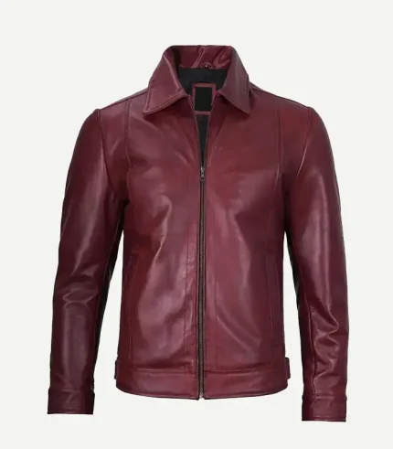Full frontal view of a classic maroon leather jacket, partially unzipped to reveal the dark interior and silver hardware details.