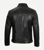 Rear view of a black leather jacket showing clean horizontal stitching across the upper back, a central seam, and adjustable button tabs at the waist hem.