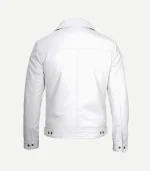 Rear view of a white leather jacket with a horizontal back yoke, clean center seam, and adjustable side tabs at the hem with button fasteners.