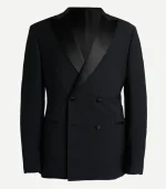 Front of a Black Notch Lapel Dinner Jacket with satin peak lapels, four fabric-covered buttons, and jetted pockets. A sharp, formal regular-fit tuxedo style.