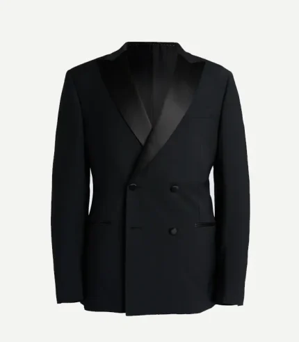 A tailored-fit black double-breasted dinner jacket with wide satin peak lapels and a traditional four-button arrangement. It features formal jetted pockets.