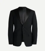 A tailored-fit black dinner jacket with classic satin notch lapels and a two-button front. This style features traditional flap pockets and a structured chest.