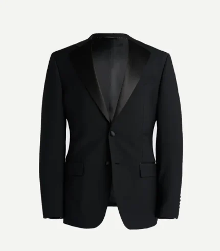 A tailored-fit black dinner jacket with classic satin notch lapels and a two-button front. This style features traditional flap pockets and a structured chest.