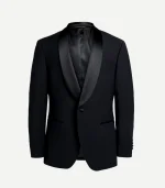A tailored-fit black dinner jacket with a sophisticated satin shawl lapel, a single-button closure, and minimalist jetted pockets.