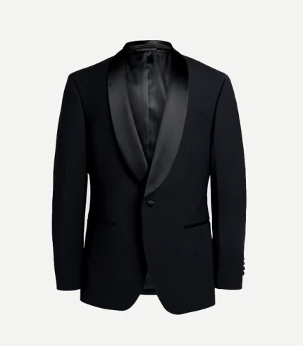 A tailored-fit black dinner jacket with a sophisticated satin shawl lapel, a single-button closure, and minimalist jetted pockets.