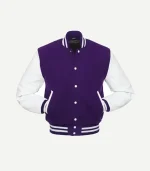 Three-quarter view of a purple wool varsity jacket featuring white sleeves, white snap buttons, and slanted pockets with white trim.