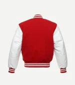 The rear view of the jacket showing a solid red wool back. The white leather sleeves are fully visible, along with the red and white striped detailing on the back of the collar and the hem.