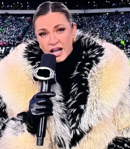 A close-up of Erin Andrews Fur Coat facial expression and the upper portion of the fur coat. The lighting highlights the individual fibers of the cream fur and the gold jewelry she is wearing.
