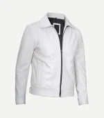 Three-quarter view of a white leather jacket showing vertical seam details, side welt pockets, and a contrasting black interior lining.