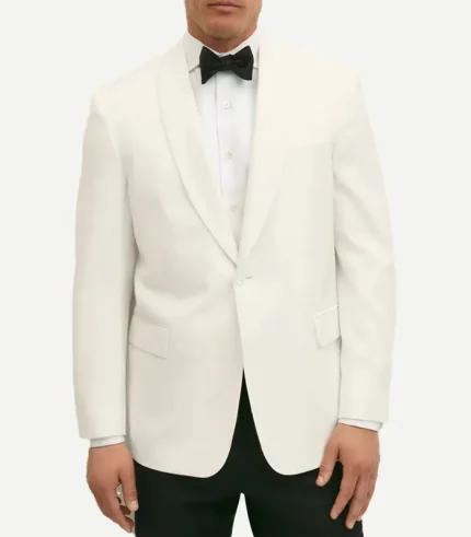 A front-facing view of a man wearing a white wool dinner jacket with a shawl lapel and a single-button closure. The jacket is paired with a white dress shirt, a black bowtie, and black trousers. The jacket features two flap pockets and a welt pocket on the chest.
