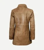 Back view of a women's camel leather car coat featuring a mid-length cut, tailored seams, a classic collar, and a smooth, distressed vintage finish in tan brown.