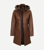 Open-front view of the Womens Real Leather Brown Coat highlighting the dark interior lining, high stand-up collar, and adjustable drawstrings on the hood.