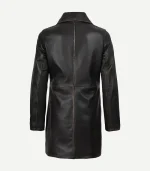Back view of a women’s dark brown leather car coat. It shows a mid-length hem, a central vertical seam, and a clean, tailored silhouette.