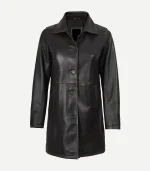 Front view of a women's dark distressed brown leather car coat. It features a four-button closure, shirt-style collar, and a smooth, polished finish.