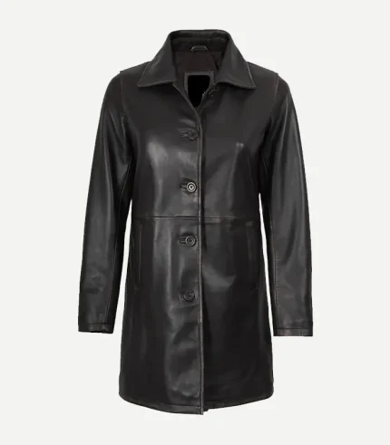 Front view of a women's dark distressed brown leather car coat. It features a four-button closure, shirt-style collar, and a smooth, polished finish.